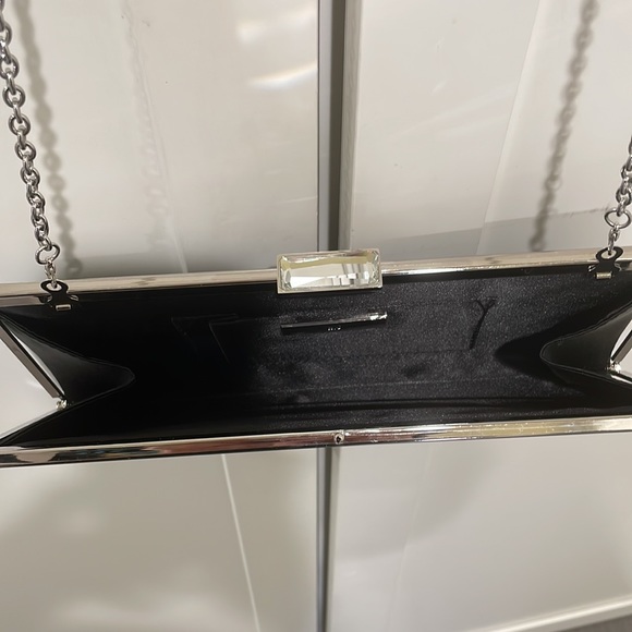 NWOT black satin clutch with chain link strap - Picture 4 of 5